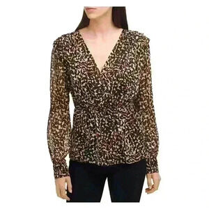 DKNY Womens Faux Wrap Animal Print Blouse